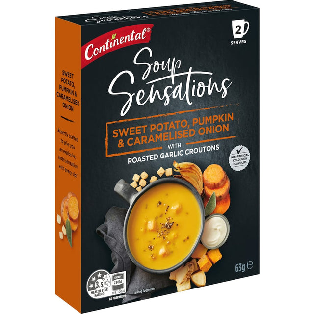 Continental Soup Sensations featuring sweet potato, pumpkin, and caramelised onion, served with roasted garlic croutons.