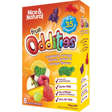 Colorful fruit snacks in raspberry, mango, lemon, grape, and orange flavors made with real fruit juice, gluten-free and 99% fat-free.