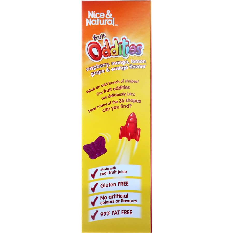 Colorful fruit-shaped snacks in raspberry, mango, lemon, grape, and orange flavors, made with real fruit juice and gluten-free.