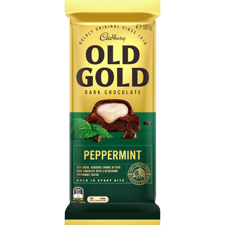 Cadbury Old Gold Peppermint chocolate bar featuring smooth dark chocolate with refreshing peppermint fondant filling.