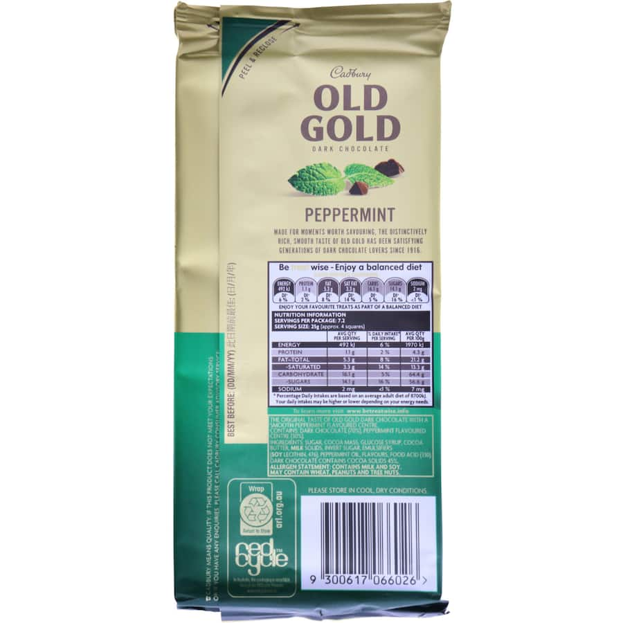 Cadbury Old Gold Peppermint: rich dark chocolate enveloping a refreshing peppermint fondant, perfect for indulgence.