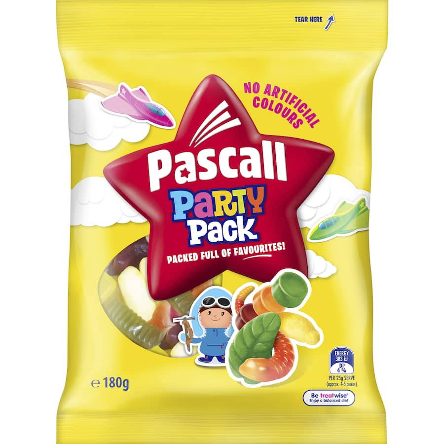 Colorful Pascall Lollies Party Pack featuring a mix of gummies, fizzy candies, and soft sweets for joyful celebrations.