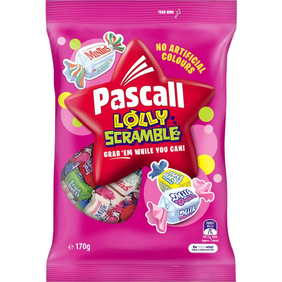 Colorful mix of Pascall lollies, including Fruit Burst, Minties, and Milk Shakes, each individually wrapped for sharing.