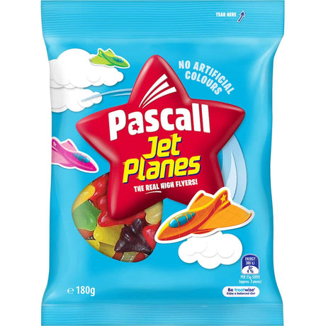 Chewy Pascall Lollies Jet Planes in vibrant colors, offering a fruity explosion of flavor for delightful snacking.