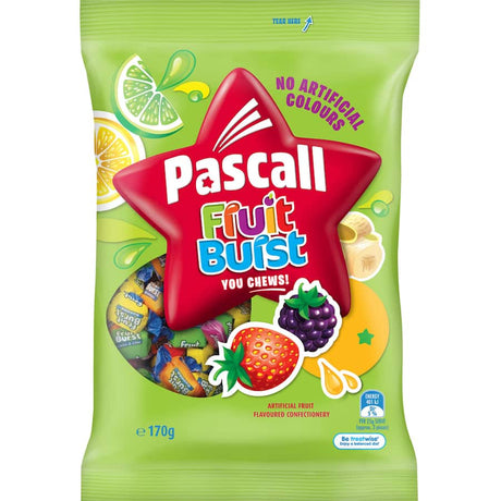 Colorful Pascall Lollies Fruit Bursts featuring apple, orange, peach, strawberry, raspberry, and lemon flavors in chewy treats.