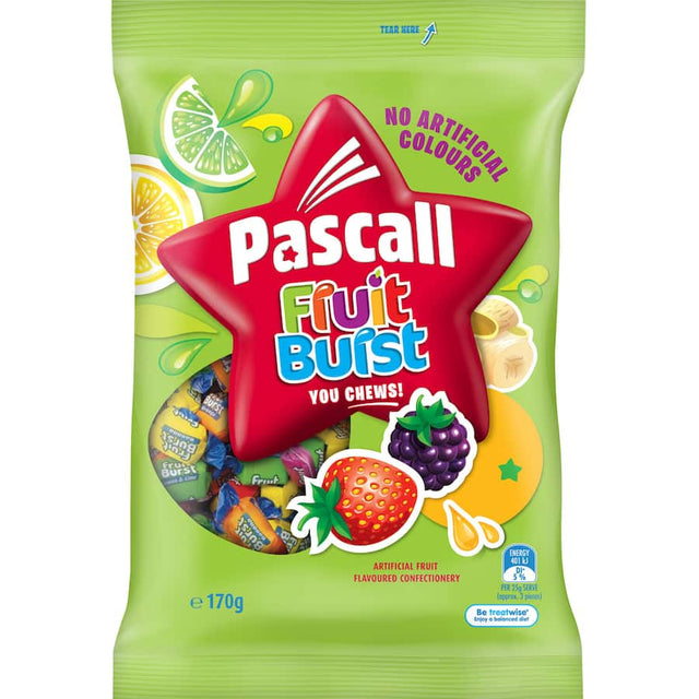 Colorful Pascall Lollies Fruit Bursts featuring apple, orange, peach, strawberry, raspberry, and lemon flavors in chewy treats.