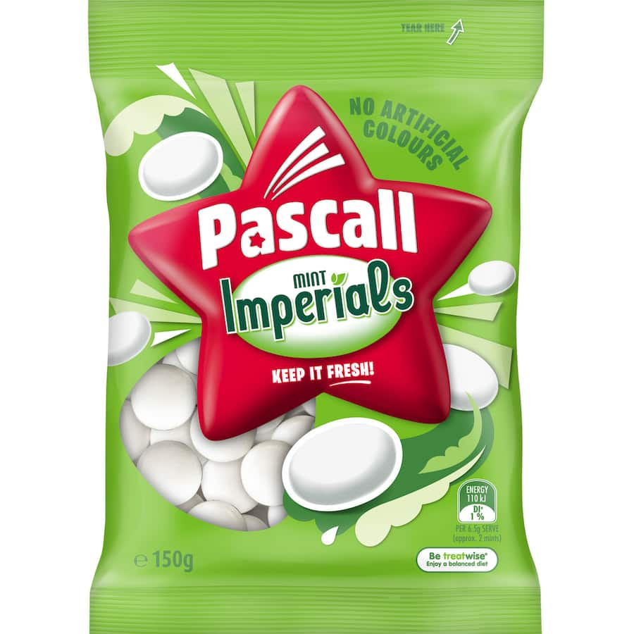 Pascall Lollies Mint Imperials offer a smooth, refreshing peppermint burst, perfect for freshening breath and snacking.