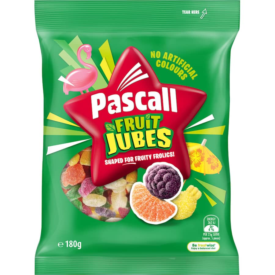 Colorful Pascall Lollies Fruit Jubes, fruity jellies coated in sugar, made with real fruit juice for a sweet treat.