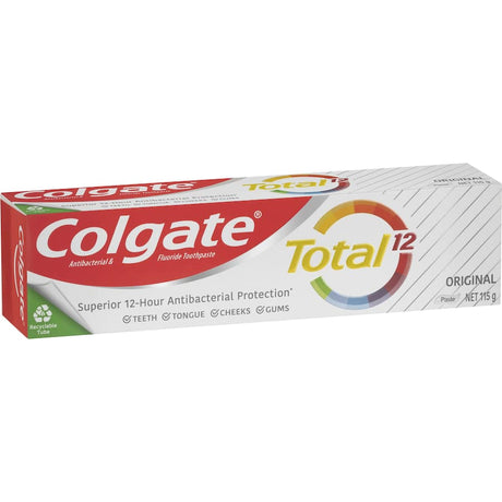 Colgate Total Antibacterial Toothpaste Original for 12-hour protection and whole mouth health, fights plaque and freshens breath.