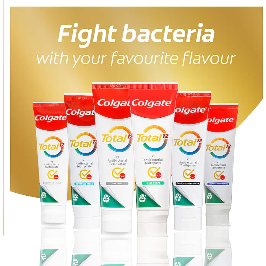 Colgate Total Antibacterial Toothpaste Original offers 12-hour protection for teeth, gums, and tongue, promoting whole mouth health.