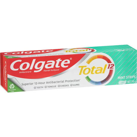 Colgate Total Antibacterial Toothpaste Mint Stripe, promoting whole mouth health with mint flavor and 12-hour bacteria protection.
