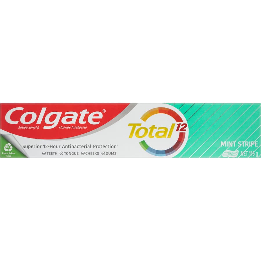 Colgate Total Antibacterial Toothpaste Mint Stripe offers 12-hour protection and fresher breath for whole mouth health.