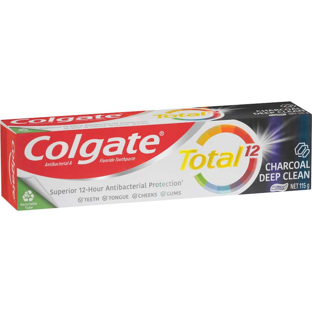 Colgate Total Antibacterial Toothpaste with Charcoal for deep cleaning, plaque defense, and a brighter smile.