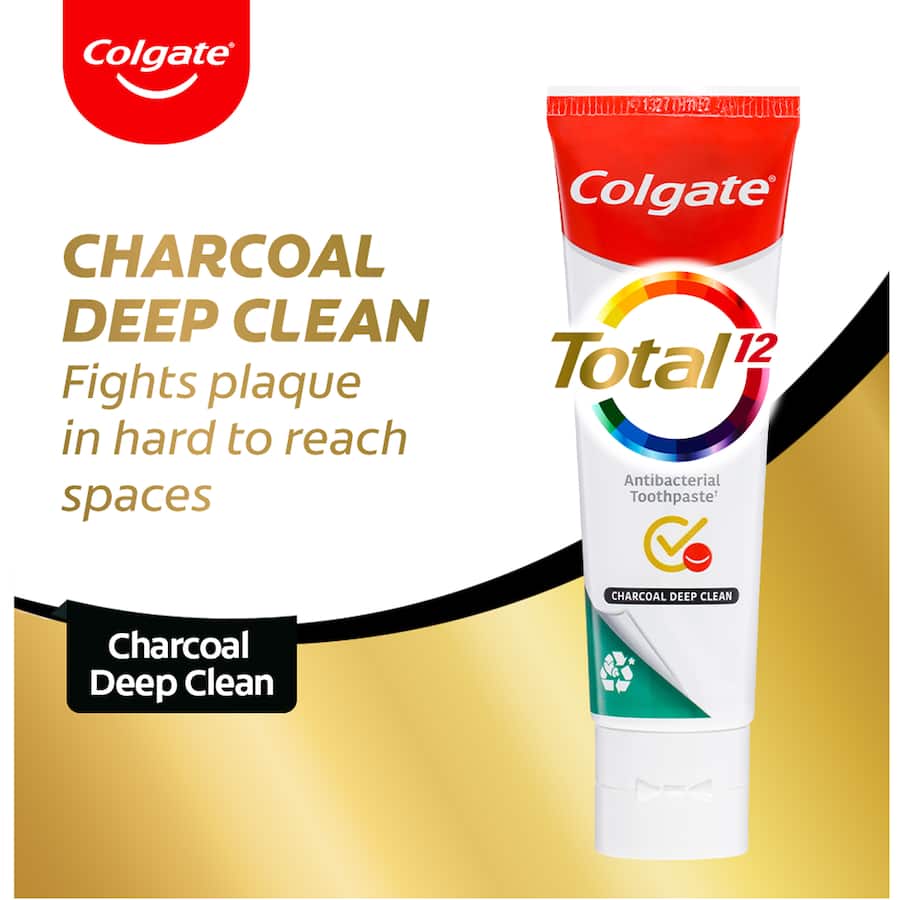 Colgate Total Antibacterial Charcoal Toothpaste, deep cleans and whiten teeth while fighting bacteria for a healthier smile.