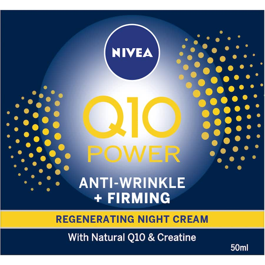 Nivea Q10 Power Night Cream jar showcasing anti-wrinkle and firming formula with co-enzyme Q10 and Creatine for youthful skin.