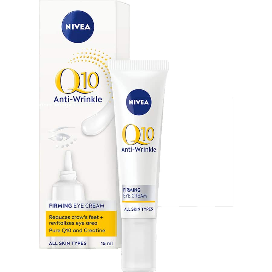 Nivea Q10 Power Eye Cream for anti-wrinkle and firming, featuring Coenzyme Q10 to reduce crow's feet and hydrate skin.