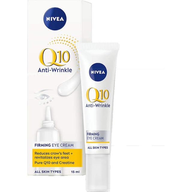 Nivea Q10 Power Eye Cream for anti-wrinkle and firming, featuring Coenzyme Q10 to reduce crow's feet and hydrate skin.