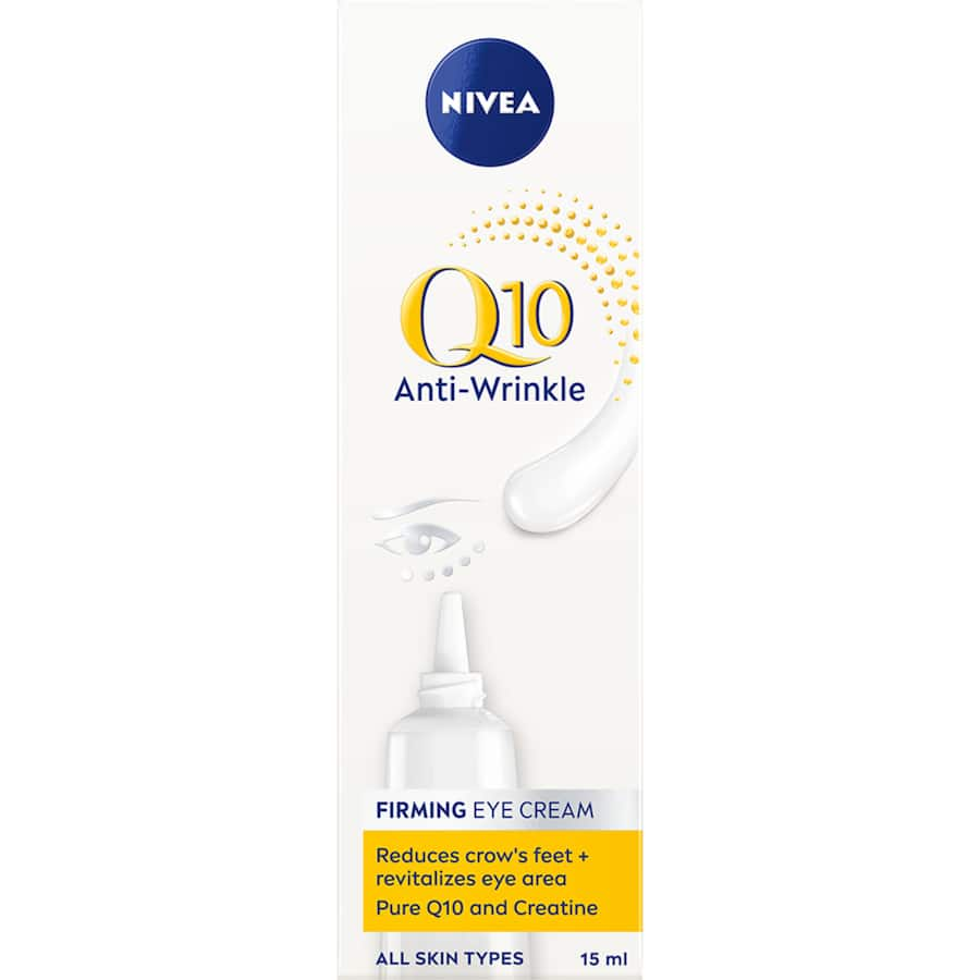 Nivea Q10 Power Eye Cream targets wrinkles, firms skin, and revitalizes eyes with Coenzyme Q10 for a youthful appearance.