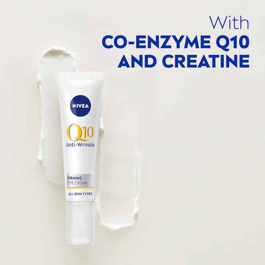 Nivea Q10 Power Eye Cream for firming and anti-wrinkle care, reduces crow's feet, hydrates, and brightens tired eyes.