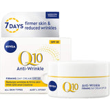 Nivea Q10 Power Anti-wrinkle Day Cream SPF30 for youthful skin; firms, reduces wrinkles, hydrates for 24 hours.