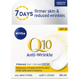 Nivea Q10 Power Anti-wrinkle Day Cream SPF30 for youthful, firm skin; hydrates, reduces wrinkles, and provides sun protection.