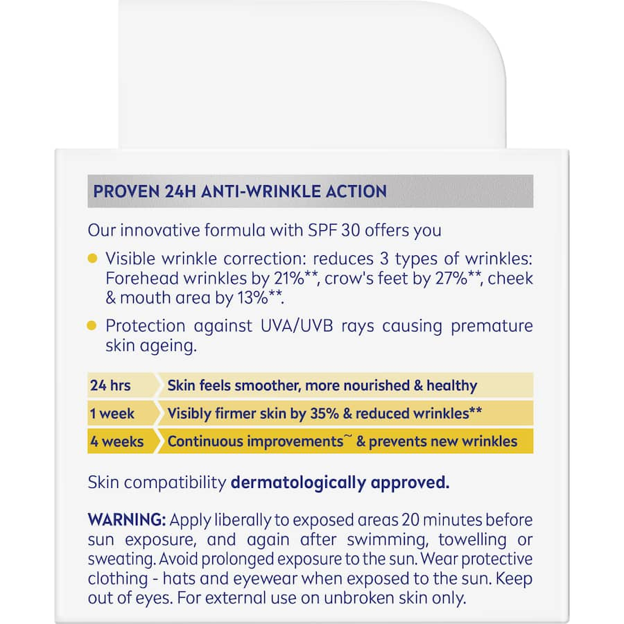 Nivea Q10 Power Anti-wrinkle Firming Day Cream SPF30, hydrates and firms skin, reduces wrinkles in 7 days, suitable for all skin types.