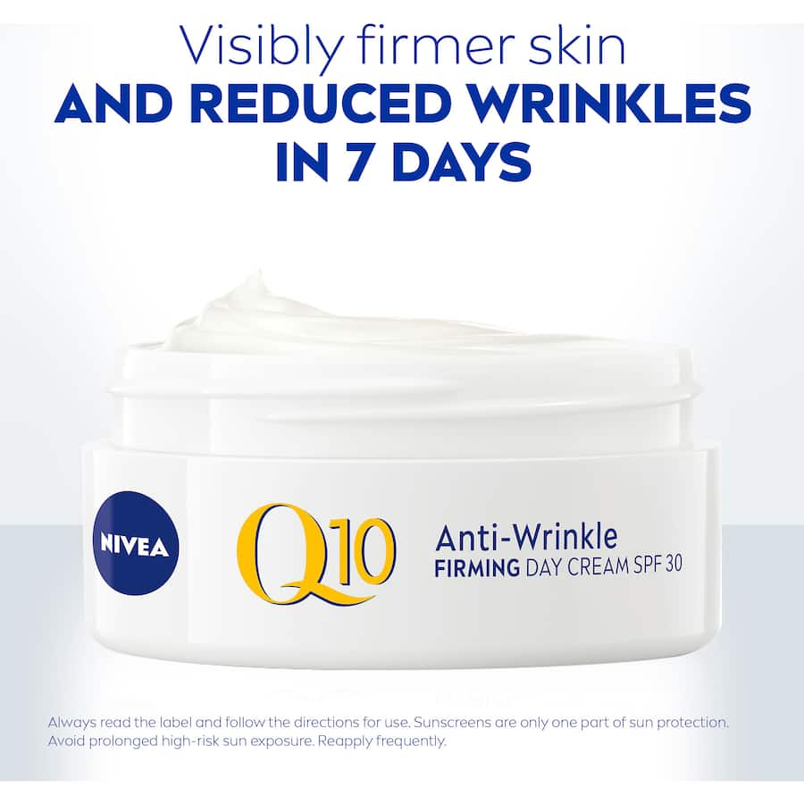 Nivea Q10 Power Anti-wrinkle Day Cream SPF30 enhances skin firmness, reduces wrinkles, and provides 24-hour hydration.