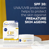 Nivea Q10 Power Anti-wrinkle Day Cream SPF30, promotes youthful skin with Q10, reduces wrinkles, hydrates for 24 hours.