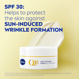 Nivea Q10 Power Anti-wrinkle Firming Day Cream SPF30 enhances skin firmness, reduces wrinkles, and offers 24-hour hydration.