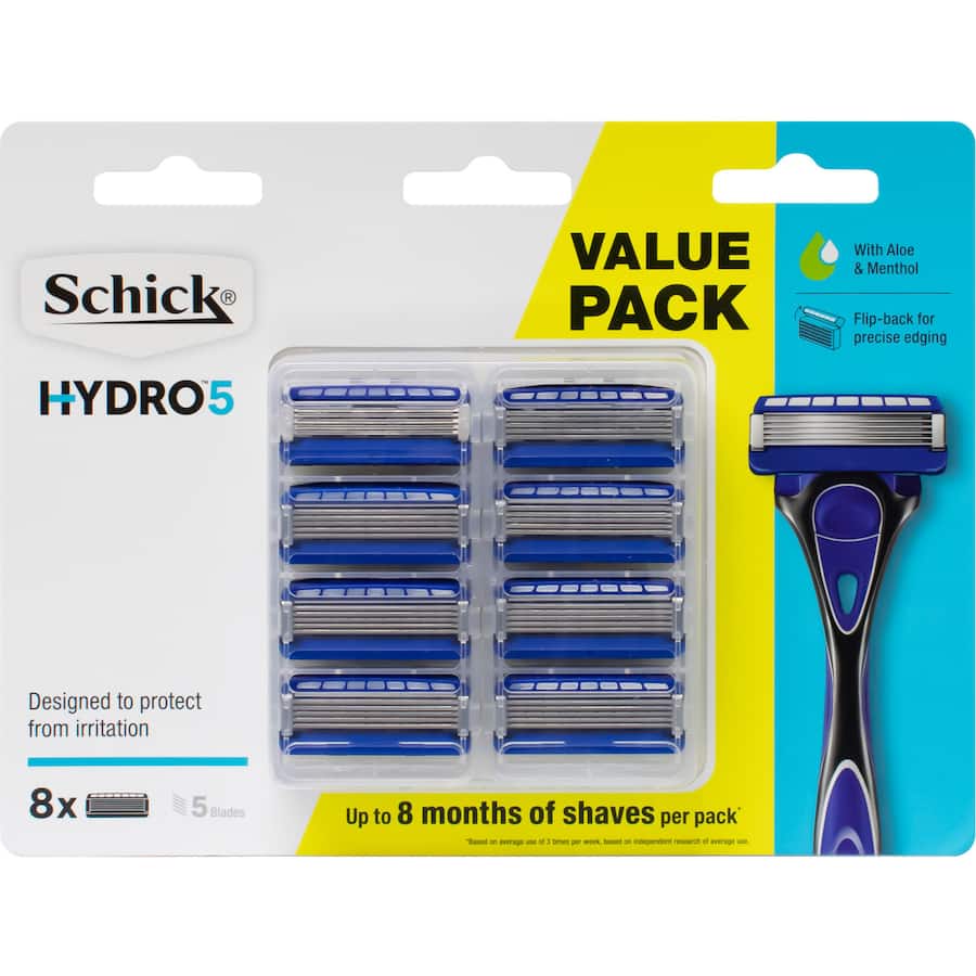 Schick Hydro 5 Razor Blades for men, featuring 5 ultra-thin blades and skin-protection technology for a close, comfortable shave.