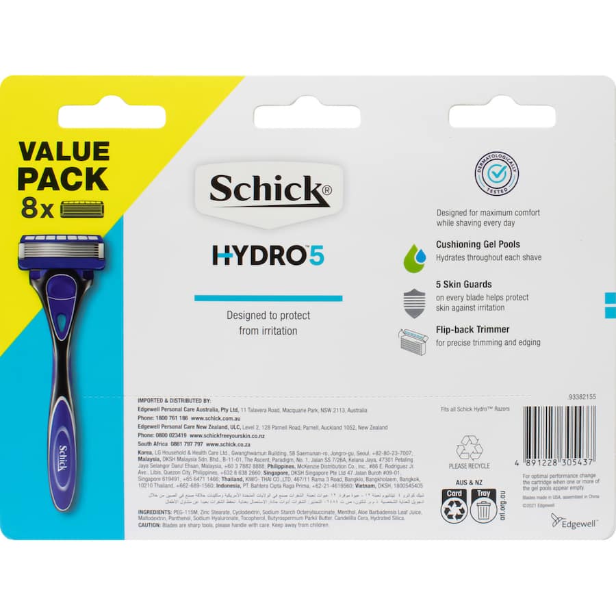 Schick Hydro 5 Razor Blades offer 5 ultra-thin blades for a close, comfortable shave with skin protection technology.