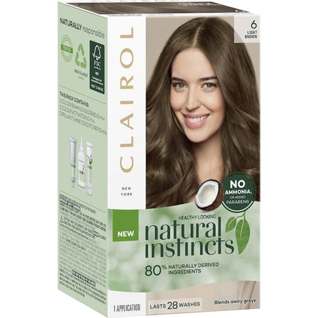 Clairol Natural Instincts Light Brown 6 hair dye blends greys, nourishes with coconut oil, and lasts up to 28 washes.