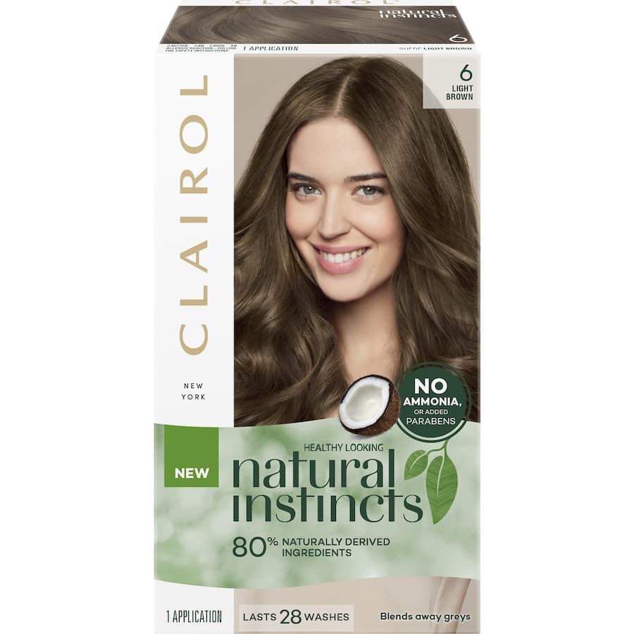 Clairol Natural Instincts Light Brown 6 hair dye offers 80% natural ingredients, blends greys, and enhances shine in 20 minutes.