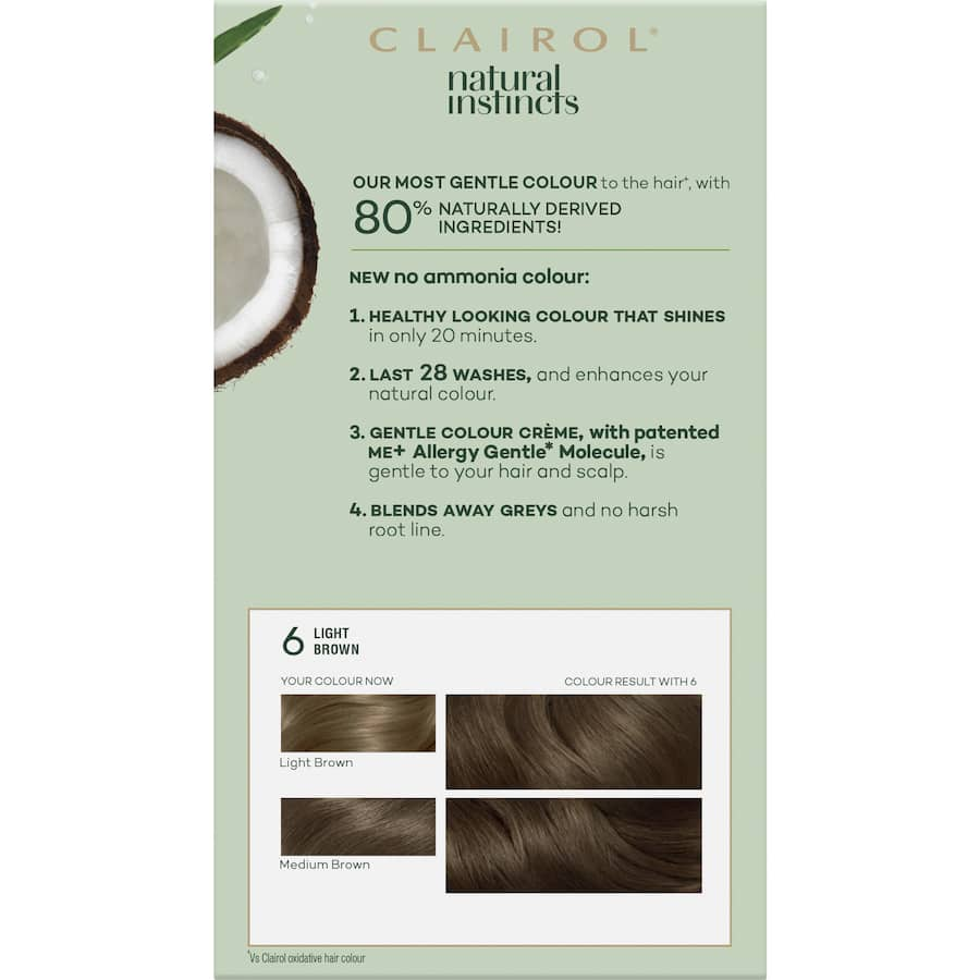 Clairol Natural Instincts Hair Colour Light Brown 6 provides a vibrant, ammonia-free color with 80% natural ingredients and nourishing oils.