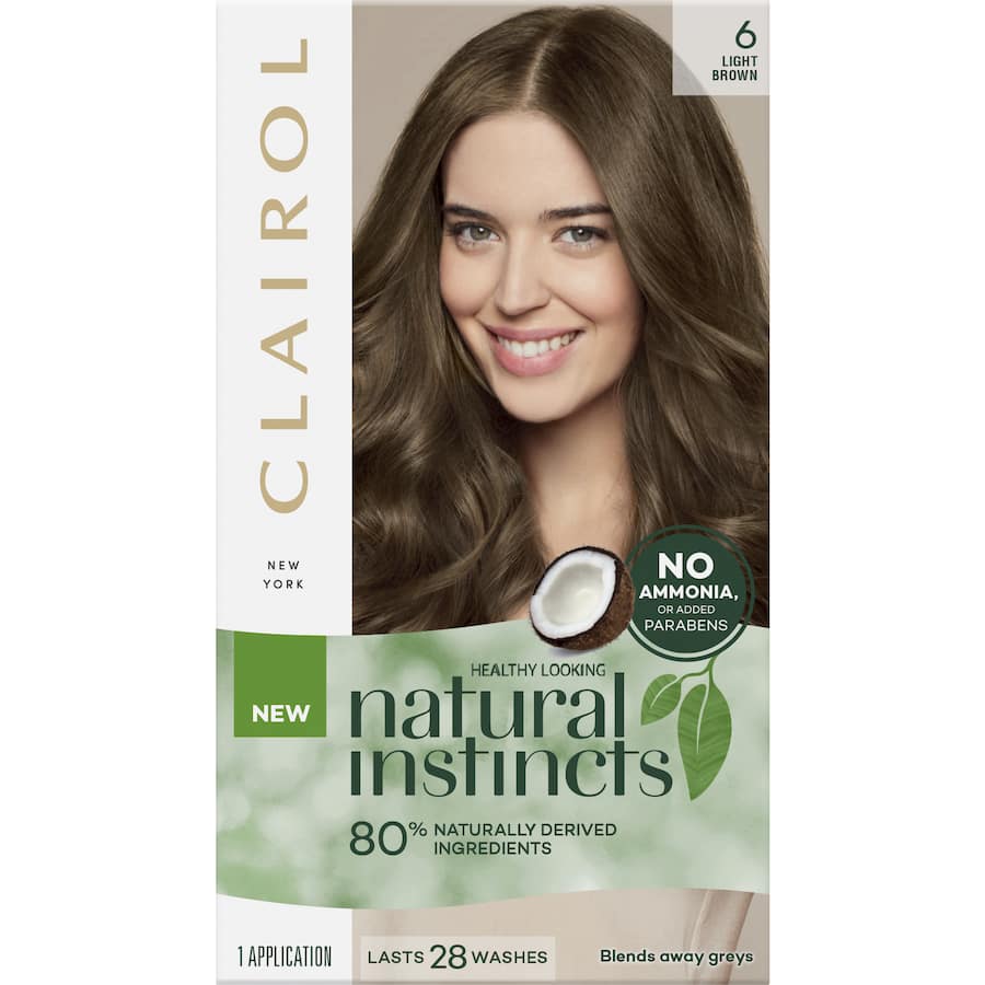 Clairol Natural Instincts Light Brown 6 hair dye, featuring 80% natural ingredients and enriched with coconut oil and aloe vera.