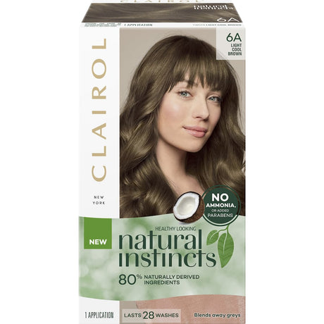 Clairol Natural Instincts 6A Light Cool Brown: semi-permanent hair colour with coconut oil, aloe vera, and 80% natural ingredients.