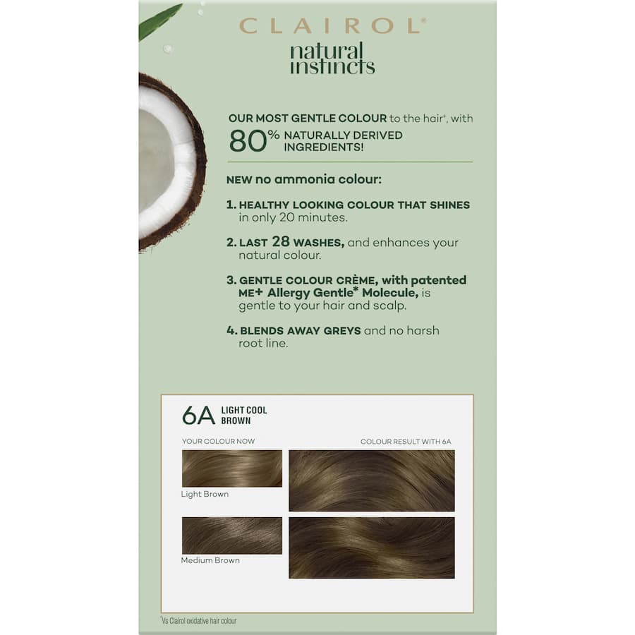 Clairol Natural Instincts Tweed 6A Hair Colour: Light Cool Brown semi-permanent dye with 80% natural ingredients for vibrant, healthy hair.