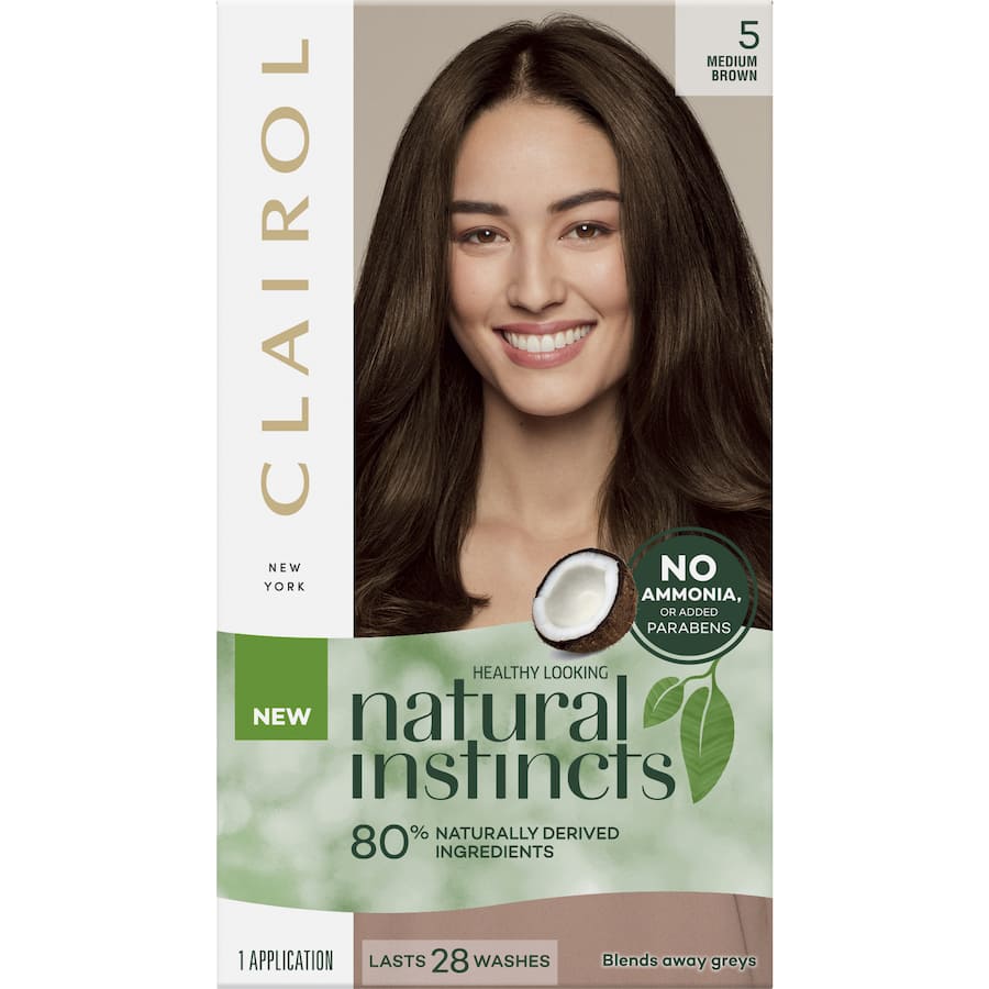 Clairol Natural Instincts Hazelnut 5 Medium Brown offers vibrant color with 80% natural ingredients, nourishing hair without harsh chemicals.