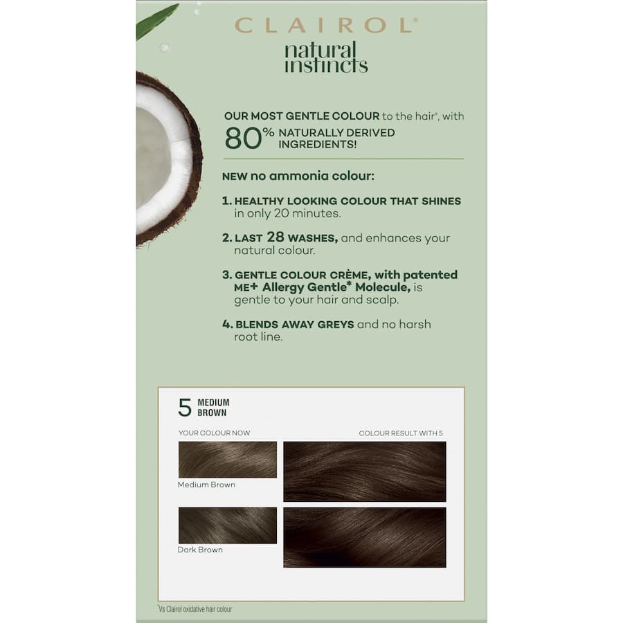 Clairol Natural Instincts Hazelnut 5 hair dye offers vibrant, healthy color, 80% natural ingredients, and blends greys in 20 minutes.