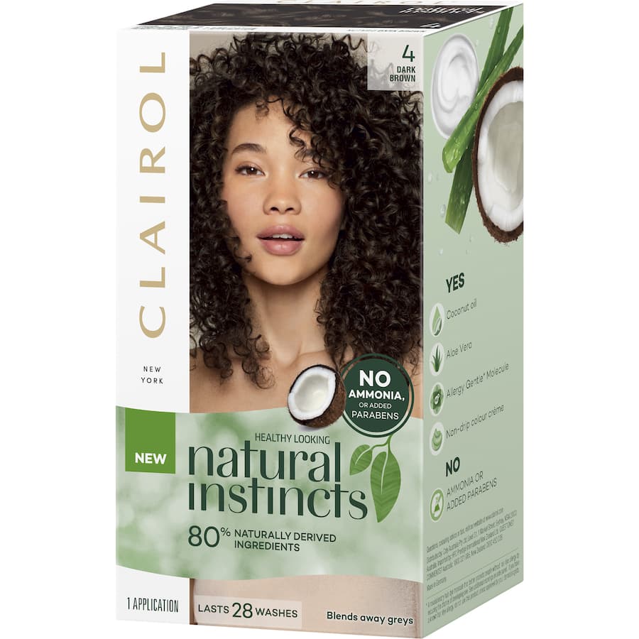 Clairol Natural Instincts Nutmeg 4 Dark Brown hair dye, enriched with coconut oil and aloe, offers vibrant color and gentle care.