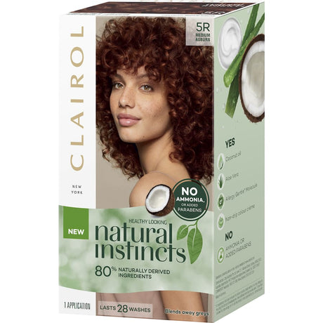 Clairol Natural Instincts Cinnaberry 5R Hair Colour, medium auburn dye enriched with coconut oil and aloe vera for vibrant hair.