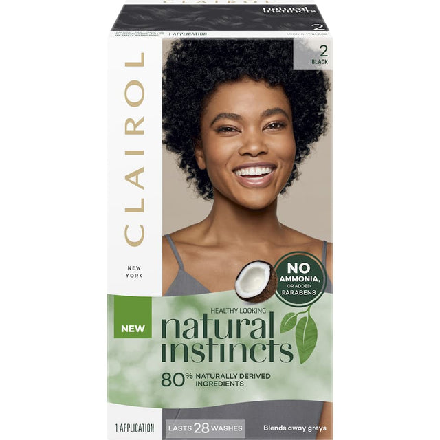 Clairol Natural Instincts Midnight 2 Black is a semi-permanent hair dye that blends grey and nourishes with coconut oil and aloe vera.