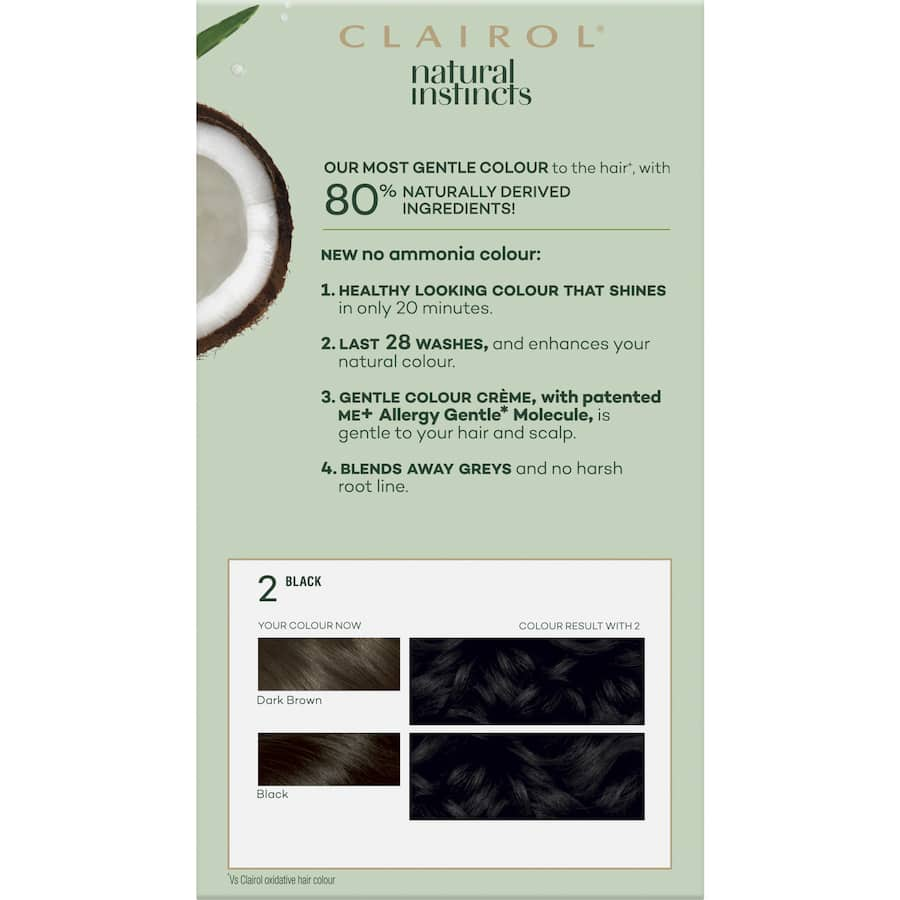 Clairol Natural Instincts Midnight 2 Black hair dye offers vibrant color with 80% natural ingredients, nourishing and ammonia-free.