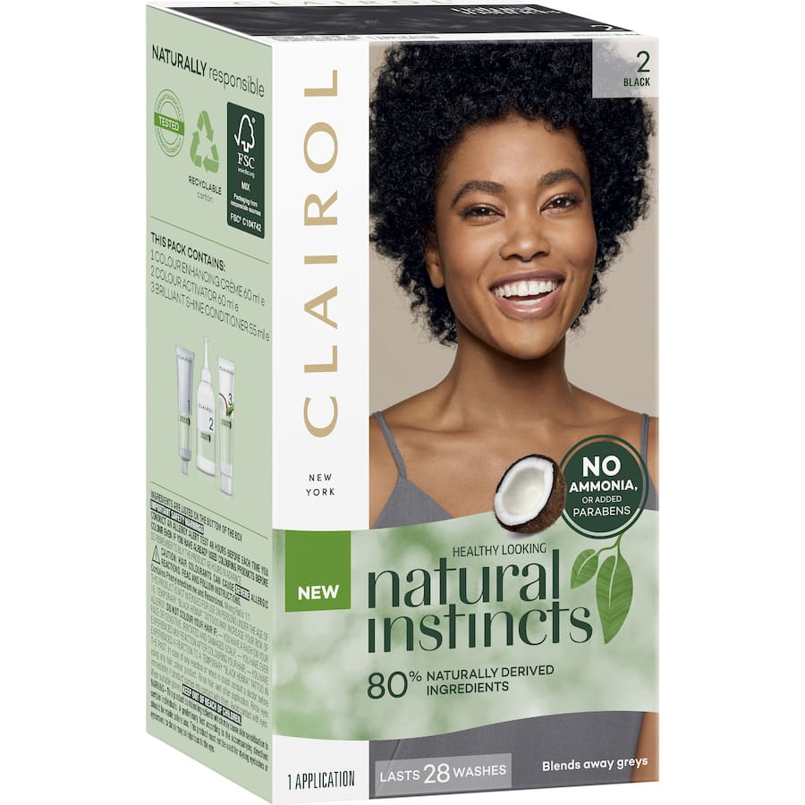 Clairol Natural Instincts Midnight 2 Black hair color offers ammonia-free, nourishing color with 80% natural ingredients for healthy shine.