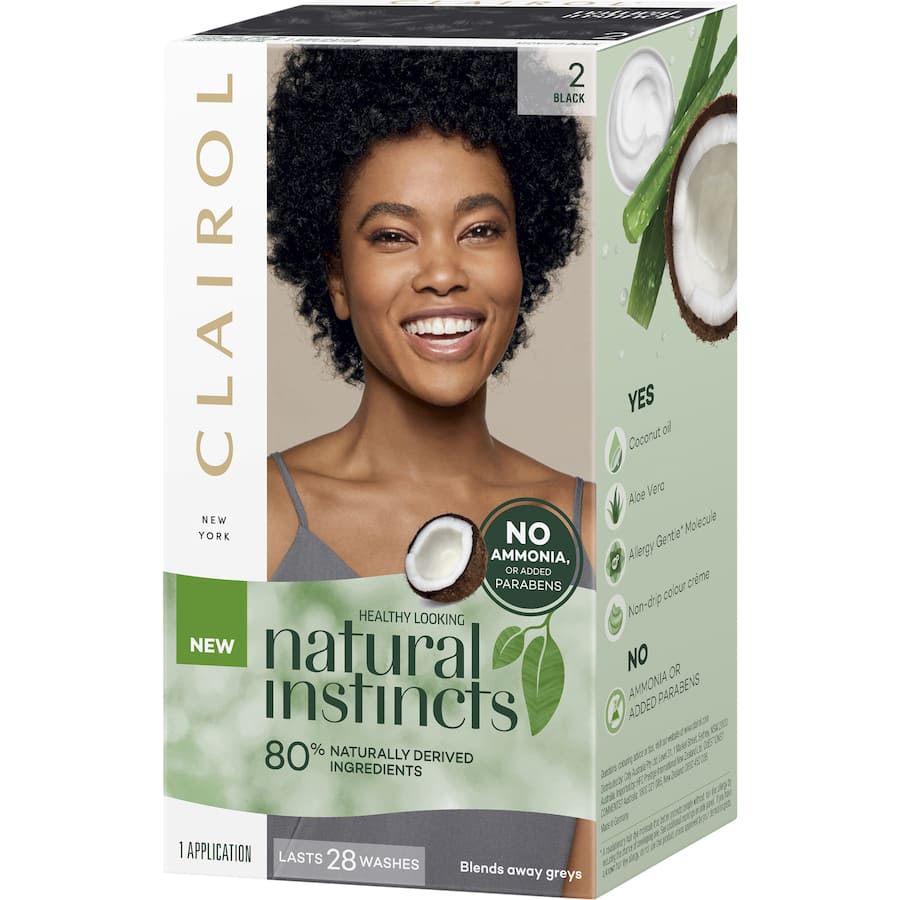 Clairol Natural Instincts Midnight 2 Black: semi-permanent hair dye with 80% natural ingredients and nourishing coconut oil.