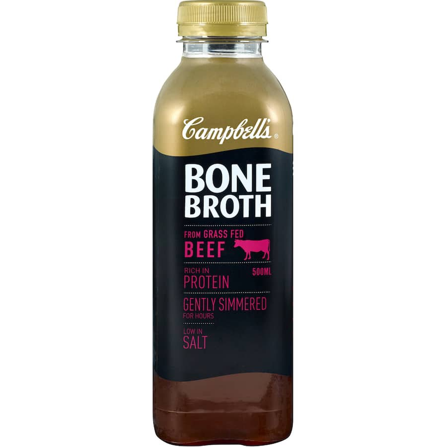 Campbell's Beef Stock Bone Broth in a jar, showcasing premium grass-fed beef, nutrient-dense and perfect for soups and stews.