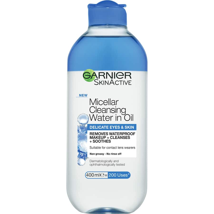 Garnier Micellar Water in Oil: gentle makeup remover for sensitive skin, effortlessly cleanses without rubbing.