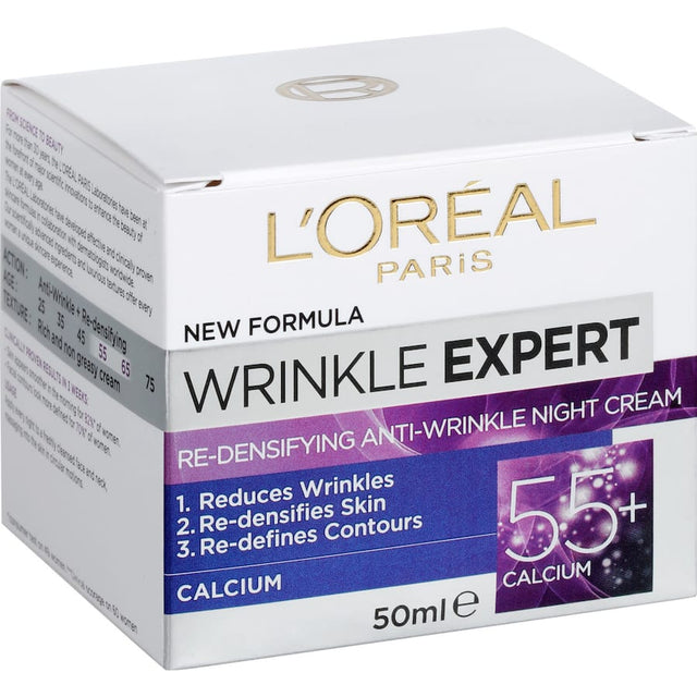 L'Oréal Wrinkle Expert Night Cream 55+ for mature skin, hydrating and reducing fine lines for a youthful complexion.