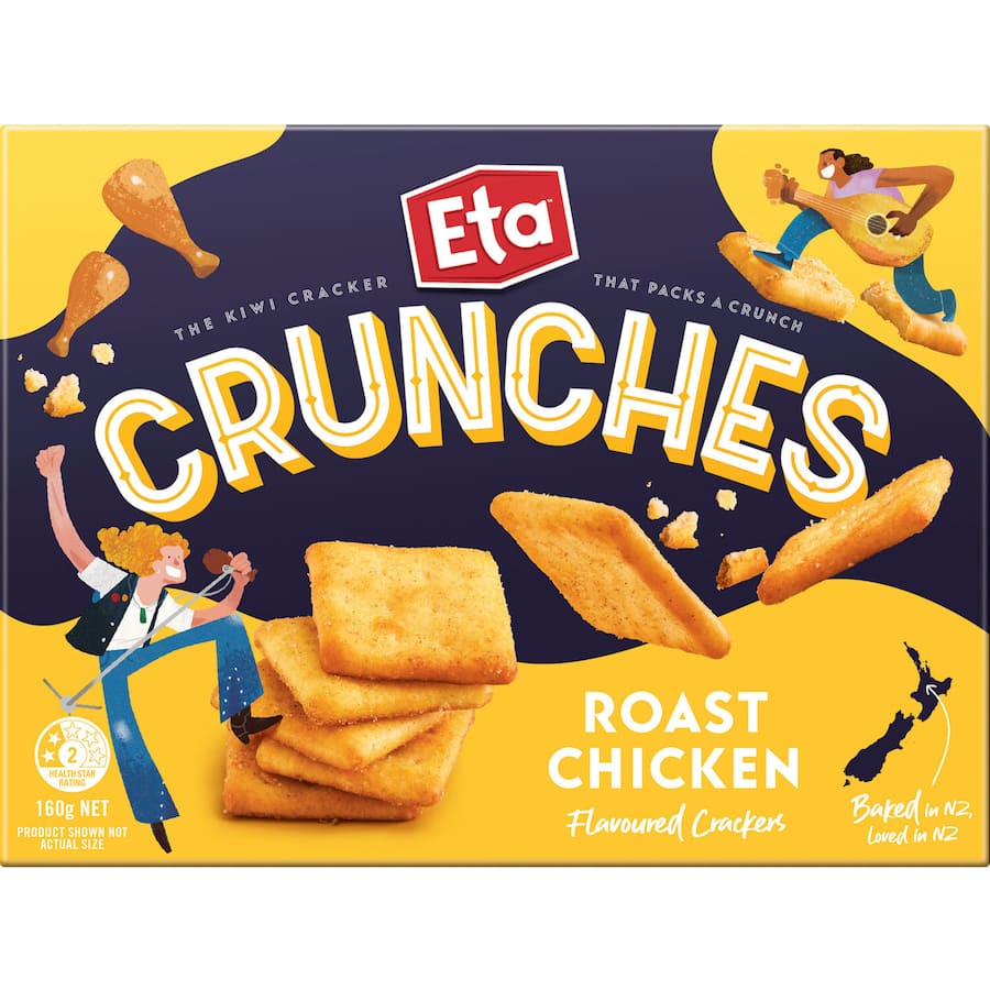 Crunchy roast chicken flavored crackers, oven-baked in New Zealand, perfect for snacking and sharing.