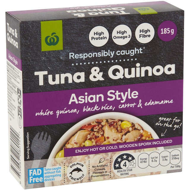 Woolworths Tuna & Quinoa Asian Style: nutritious salad with tuna, quinoa, black rice, edamame, and a wooden spork, ideal for on-the-go snacking.